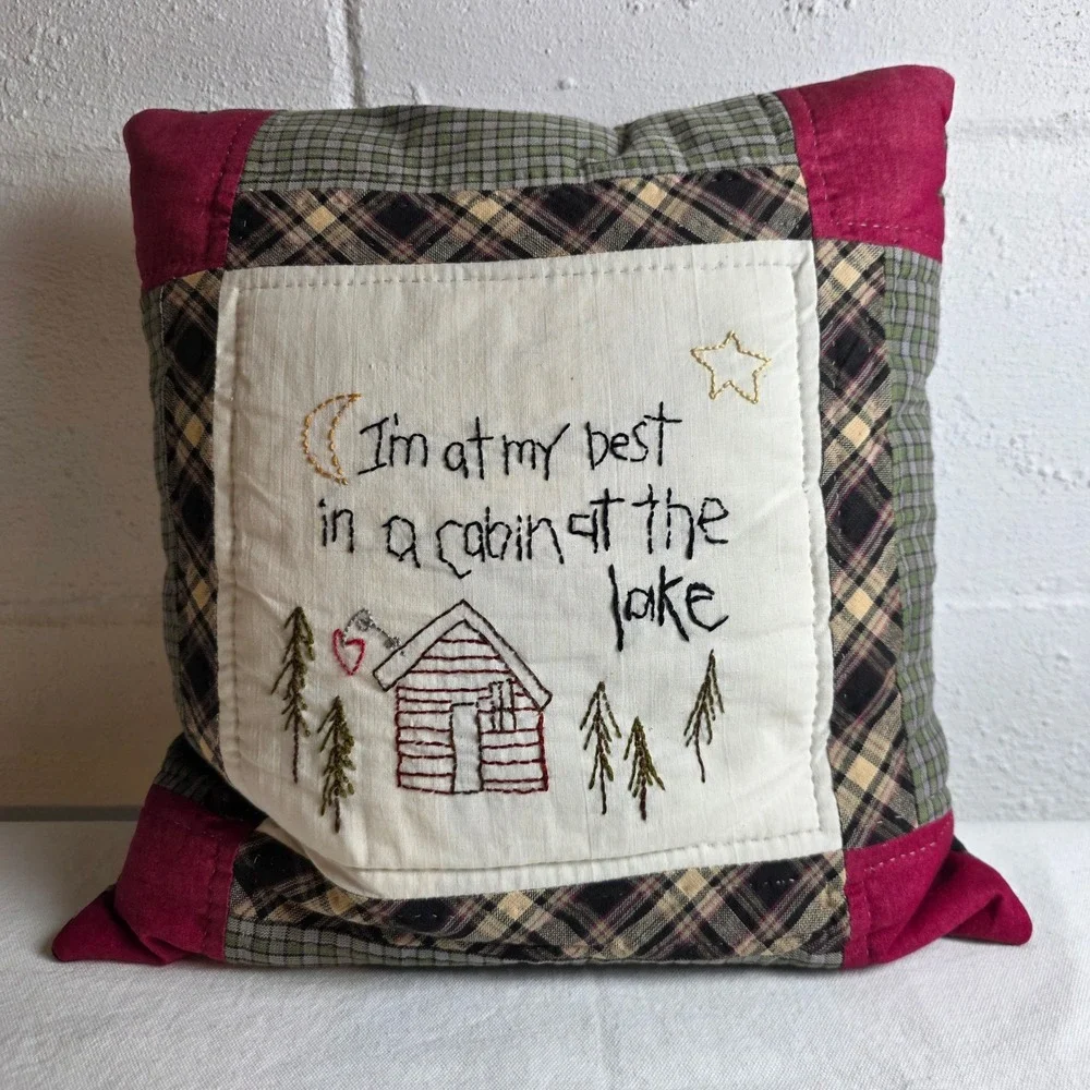 Hand Embroidered Patchwork Plaid Decorative Pillow Rustic Cabin at the Lake
